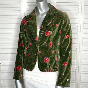 Vintage 2000s ANGIE Green Cotton Velvet Rose Floral Print Y2K Blazer Jacket M